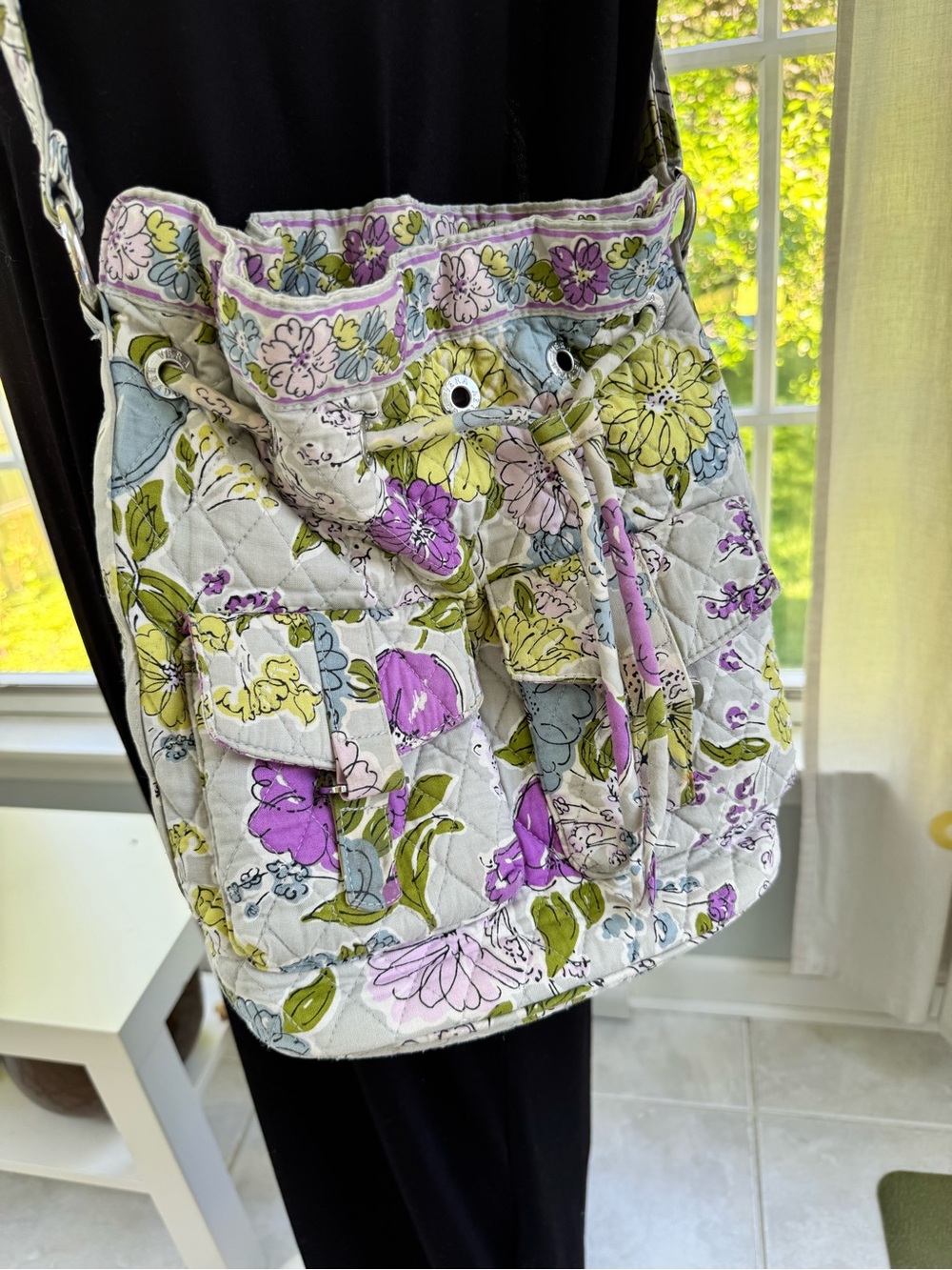 Vera Bradley Quilted Drawstring Shoulder Bag in Purple, Green and Cream